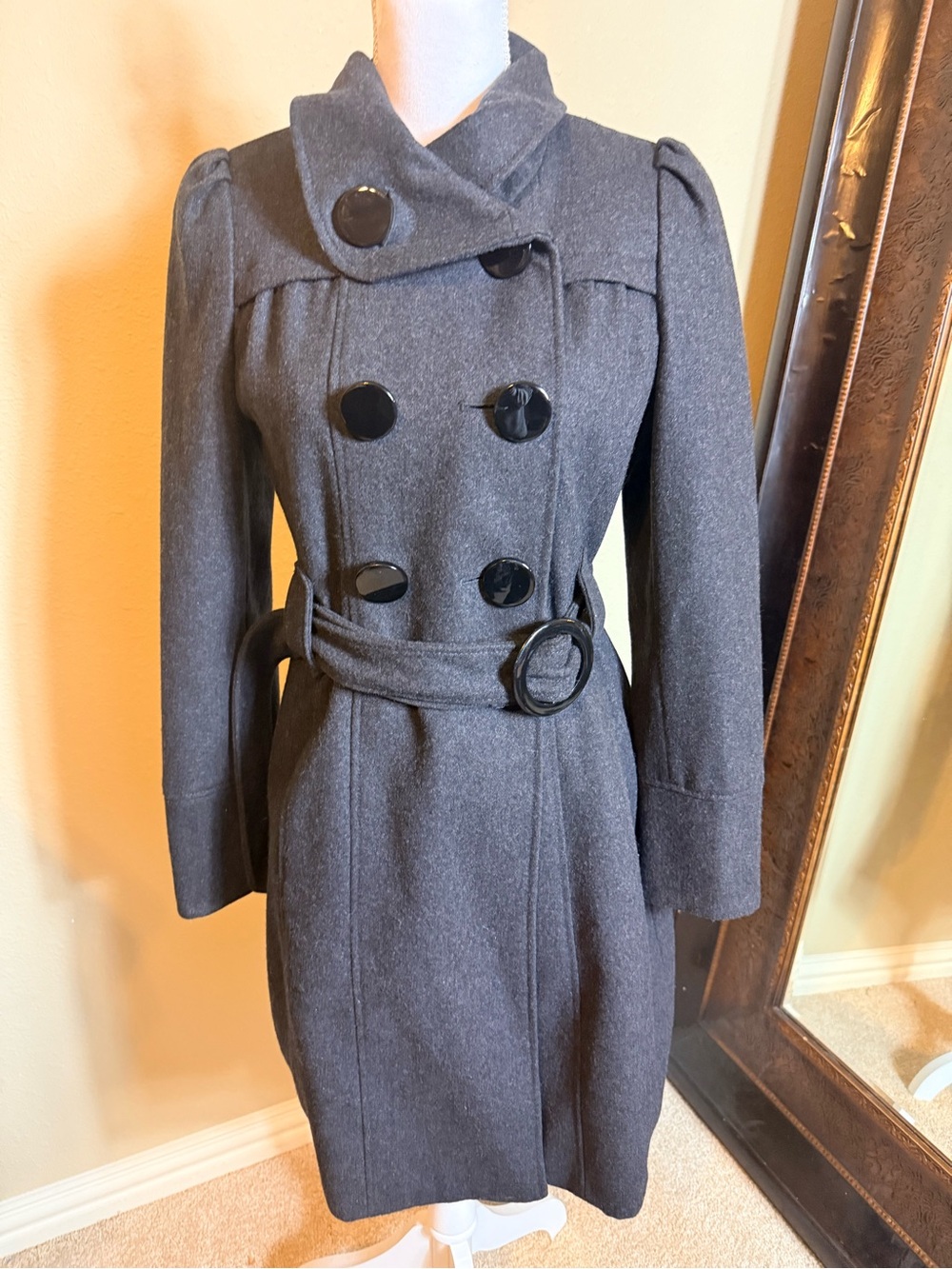 Guess Double-Breasted DarkGray Pea Coat with Belt size small